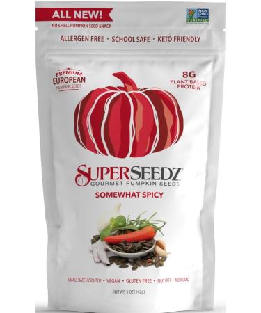 SuperSeedz Dry Roasted Pumpkin Seeds - Somewhat Spicy Pepitas Whole 30 Paleo Vegan & Keto Snacks 8g Plant Based Protein Produced In USA Dairy Free Nut Free Gluten Free Snack (5oz) Somewhat Spicy 5 Ounce (Pack of 1)