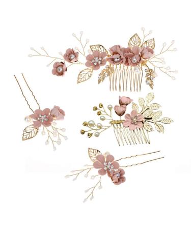 4 Pieces Gold Wedding Hair Comb Pearl Bridal Hair Accessories Rhinestone Bridal Jewelry Comb Hair Clip for the Bride Bridesmaid - Pink