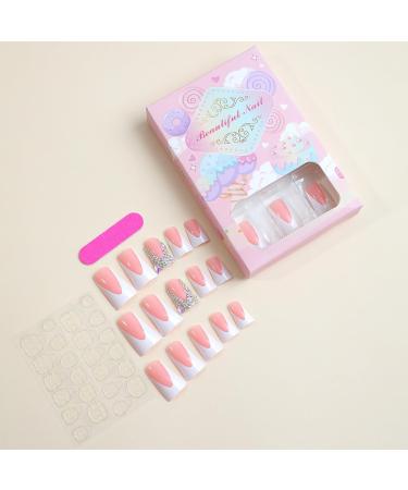 Buy French Tip Press on Nails - Medium Square Glossy Pink & White Duckbill Design - Reusable Rhinestone Fake Nails | Cute Duck Feet Full Cover Acrylics - Buy Online on SooperMarket.com