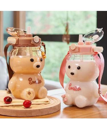 Xigugo Kawaii Bear Straw Bottle - Large 32oz Capacity, Cute Water Bottle with Adjustable Shoulder Strap for Outdoor & School Activities - Pink - Buy Online on SooperMarket.com