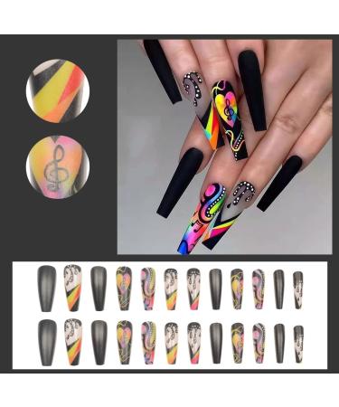 GORS Long Black Press on Nails - Colorful Coffin Fake Nails with Graffiti Note Designs | Full Cover False Nails for Women - Buy Online on SooperMarket.com