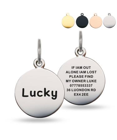 Dog Tags for Pets Engraved UK Personalised Dog Tags High End Stainless Steel Custom Deep Laser Engraved Scratch Resistant Dog ID Tag with Any Name for Puppy Cat Dog(Round Silver L) Silver Round L
