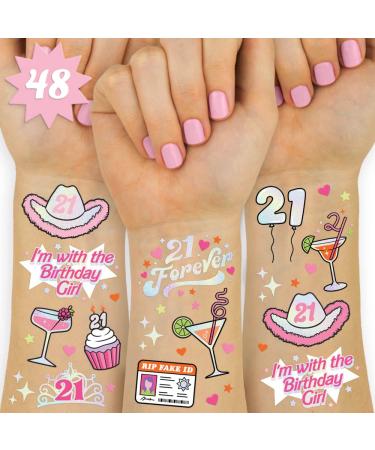 xo  Fetti 21st Birthday Party Decorations Temporary Tattoos - 48 pcs | Fun Bday Girl Party  Finally 21  RIP Fake ID  HBD  Disco Cowgirl Party  Twenty One Tiara