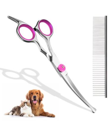 Fell scissors for dogs and cats curved scissors dog cup set professional round grooming scissors pet comb made of robust stainless steel (pink)