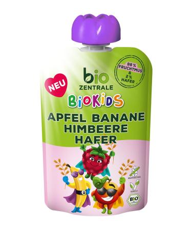 biozentrale BioKids Fruit Puree Apple Banana Raspberry Oat | 12 x 90g | Fruity snack with no added sugar | Vegan