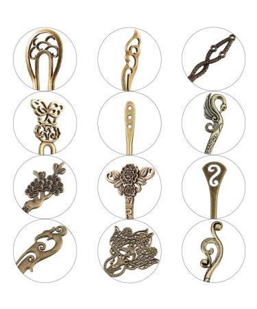 AUHOKY 24Pcs Chinese Women Hair Sticks Vintage Bronze Decorative Hair Pin Chopsticks - 12 Styles Antique Retro Hair Forks DIY Accessory - Buy Online on SooperMarket.com