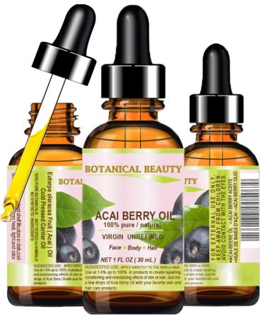 Botanical Beauty ACAI BERRY OIL 100% Pure Natural Virgin Unrefined Cold Pressed Carrier Oil. 1 fl.oz-30 ml. For Face Skin Hair Lip Nails. Rich in Vitamin E