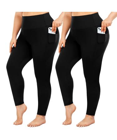 yeuG Women's Plus Size Leggings with Pocket-2 Pack High Waist Tummy Control Yoga Pants Spandex Workout Running Black Leggings Black black XX-Large