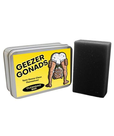 Geezer Gonads Soap Bar - Mens Gag Gifts for Milestone Birthday Over-the-Hill Parties Husbands OTH Black Charcoal Soap Adults Stocking Stuffers for Guys