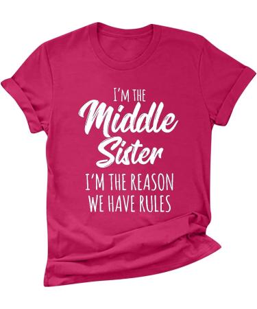 TUNUSKAT Middle Sister T-Shirt - Funny Letter Print Cotton Blouse in Hot Pink | Women's Casual Short Sleeve Top - Buy Online on SooperMarket.com