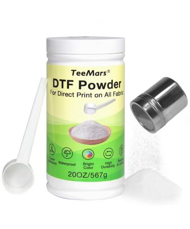 DTF Powder  20oz/567g White DTF Transfer Powder Kit with Powder Can and Spoon  Hot Melt Adhesive PreTreat Powder for DTF Transfer Printers on All Fabrics T-Shirt  Cotton  Jeans  Polyester  Nylon