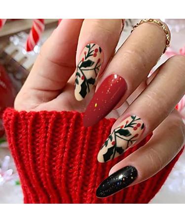 Vatocu Christmas False Nails Short Red Press on Nails Snowflakes Elk Fake Nails Snowman Acrylic Stick on Nails for Women and Girls(24pcs)