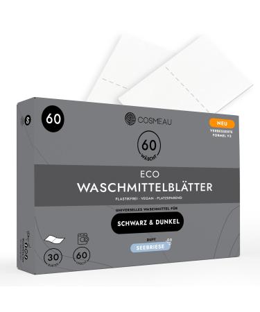 Cosmeau detergent leaves for black and dark laundry - up to 60 washes (30 leaves) - sustainable detergent leaves - plastic -free & perfect as a travel detergent black - sea bries 1 piece (60s pack)