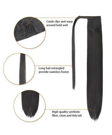 32 Inch Natural Black Straight Ponytail Extension | Heat Resistant Synthetic Wrap Around Ponytail for Women and Girls - Buy Online on SooperMarket.com