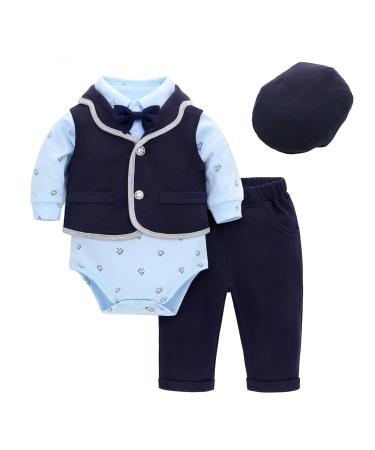 famuka Baby Boy Formal Outfit Suit with Bows Waistcoat Gentleman Tuxedo with Hat 4 PCS 9 Months Blue