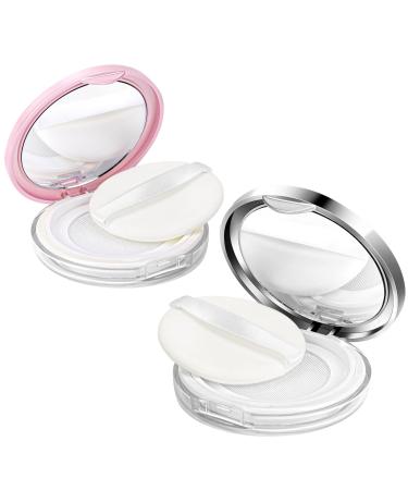 2 pieces of loose powder box with powdered quaste portable DIY-Make-up case reusable loose powder box loose powder box with mirror and mains sieve narrow powder quack (silver pink)