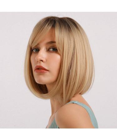Haircube short charming bob with bangs wigs for woman nature heat -resistant synthetic fiber party/cosplay/costume/daily wig (black root with blonde) ombre blonde