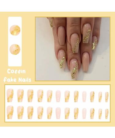 MISUD 24pcs Long Coffin Press on Nails - Bling Gold Glitter & Elegant Nude Pink Gel False Nails with Design - Buy Online on SooperMarket.com