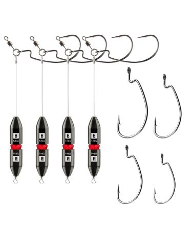Booms Fishing TR1 Tokyo Rig Pre Rigged Punch Shot Rig Replaceable Hook Punchshot Kit Bass Fishing Accessories Including Brass Bullet Weights EWG Hooks Barrel Swivel Split Ring Steel Wire Bead Black_1/4oz_4pack