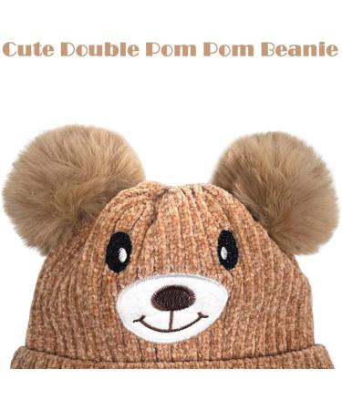 Cute Bear Kids Winter Hat | Ear Flaps, Dual Pom-Pom | Toddler Fleece Lined Earflap Cap - Khaki - Buy Online on SooperMarket.com