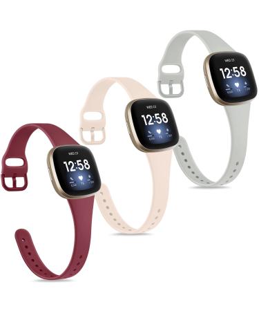 Pack 3 Slim Bands for Fitbit Versa 3 Bands & Fitbit Sense Bands for Women Men, Soft Silicone Replacement Sport Wristbands for Fitbit Versa 3 & Fitbit Sense (Wine Red+Pink Sand+Grey)