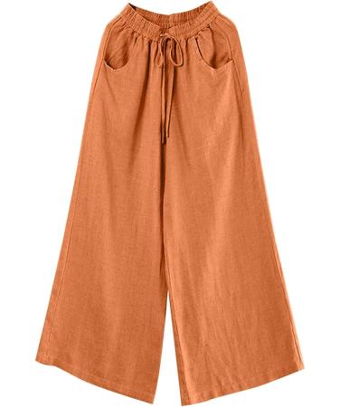 Kaniem Summer High Waist Cotton Linen Wide Leg Pants 2023 | Casual Flowy Elastic Waist Palazzo Pants | Loose Fit Orange - X-Large - Buy Online on SooperMarket.com