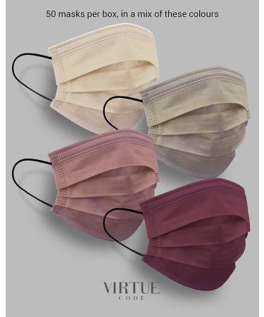 Virtue Code Earth Tones Disposable Face Mask Pack - 50 Cute Masks for Men and Women in Cream, Pink, Burgundy, and Beige Colors - Buy Online on SooperMarket.com