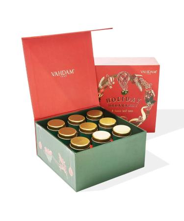 VAHDAM Holiday Breakfast - Christmas Tea Gift Set (9 Loose Leaf Teas) Premium Gift Box | Christmas Gifts 2023 Ideas | Gifts For Women & Men | Holiday Gifts Holiday Breakfast - 9 Tin Caddy