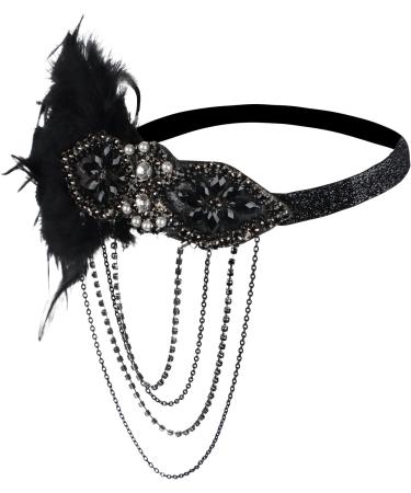Feather Headband 1920s Flapper Headband Faux Pearls 1920s Flapper Headpiece Crystal Headband Fancy Dress Headwear Feather Vintage Headband for Women Hair Accessories for Cocktail Party Prom Wedding Black-2 - Buy Online on SooperMarket.com