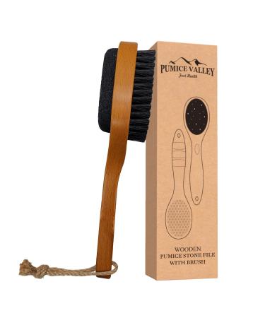 Pumice Stone for Feet & Foot Brush with Handle 2-in-1 Pedicure Scrubber for Shower - Double-Sided Pumice Foot File with Brush for Callus, Cracked Heels, Dead, and Dry Skin Removal Wood