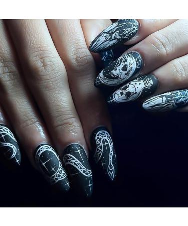 Halloween Press on Nails Almond Black Fake Nails Acrylic False Nails with Grimace Designs Horror Long Snake Artificial Glue on Nails Black Full Cover Nails Press ons Stick on Nails for Women 24Pcs Almond Style-WSJ1