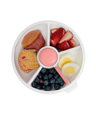 GoBe Kids Large Snack Spinner Bundle with Hand Strap and Sticker Sheet - Reusable Snack Container with 4 Compartment Dispenser & Sliding Door | BPA and PVC Free | Dishwasher Safe | No Spill Leakproof Coral Pink Large