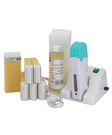 Epilwax Complete Hair Removal Waxing Kit with Modular Base - Includes 6 Wax Roll-on Cartridges Roll On Wax Heater 100 Strips and Waxing Oil (White (Vanilla))