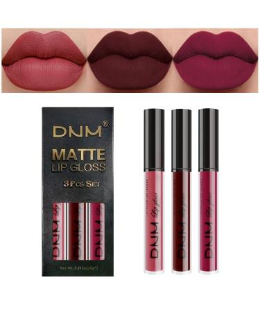 BERVEAL 3Pcs Red Matte Liquid Lipstick Sets for Black Women Lip Stain Matte Long Lasting Lipstick Waterproof Dark red Purple Rose pink Lipstick Lip Stick Gloss Packs Matte labial mate(A-Set06)