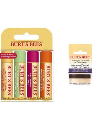 Burt's BEES 100 % natural moisturizing lip balm in 4-pack 17 g & 100 percent natural intensive lip care for night 7.08 g bundle with intensive lip care
