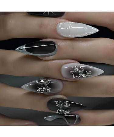Almond Press on Nails Medium Fake Nails Black Ombre False Nails with 3D Bow Designs Press on Nails with Star Charms Glossy Acrylic Artificial Nails Natural Stick on Nails for Women 24Pcs New Almond Style 2