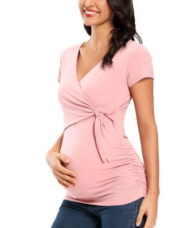 Love2Mi Women Maternity Breastfeeding Tops Long Sleeve V-Neck Cute Maternity Clothes XL Dark Pink-short