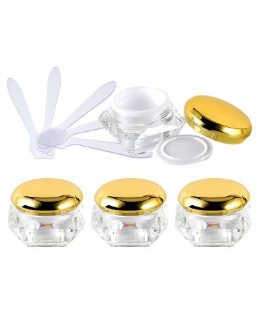 Zeoabsy 4 pieces Transparent Acrylic Diamond form 5 ml plastic empty can with gold screw cap 5 ml of cream dose tick trips for lotion nail art lip balm cream gold 5ml