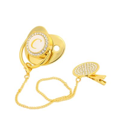 Pacifier for newborns gold-colored pacifiers for babies golden baby pacifier curved design 26 letters safe materials healthy bling baby pacifier with clips (letter C)