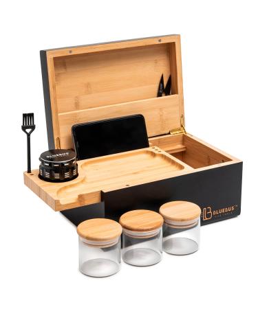 BlueBus GENESIS Stash Box Rolling Tray Bundle Rolling Tray Set Rolling Tray Kit - Bamboo Stash Box with Sliding Bamboo Wooden Rolling Tray- 3 Airtight Jars and Accessories (Black)
