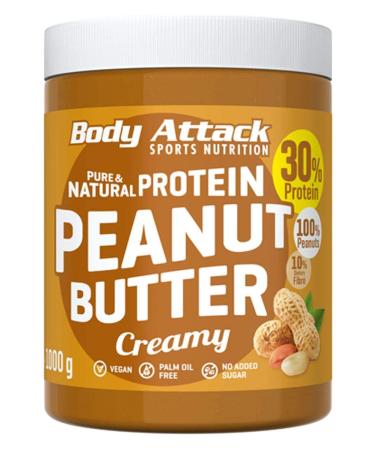 Body Attack Protein Peanut Butter 1kg Creamy vegan natural peanut butter without salt & palm fat - Low Sugar Erdnussm with 30% protein Creamy 1 kg (1 Pack)