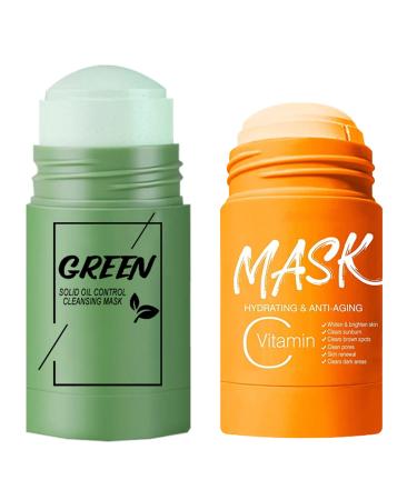 2 Pack Turmeric Clay Stick Mask + Green Tea Mask Stick for Face Organic Vitamin C and Green Tea Purifying Clay Mask for Blackhead Cleansing Dry Skin Face Moisturizer Deep Pore Cleansing Skin Brightening Moisturizing...
