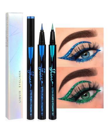 evpct 2Pcs Glitter Sparkle Shimmer Royal Blue & Green Liquid Eyeliner Makeup Pen Set  Metallic Satin Finish Colorful Colored Sparkle Eye Liner Pen Waterproof Smudge Proof Long Lasting High Pigmented 2 Count (Pack of 1) B...