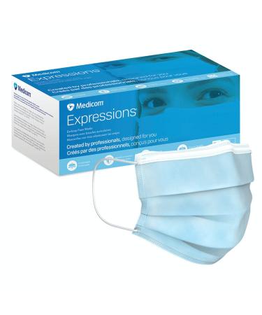 Medicom Expressions Disposable Face Masks - Box of 50 ASTM Level 3 Surgical Masks - 3 Layer Medical Masks Made in Canada - Blue Adult Masks