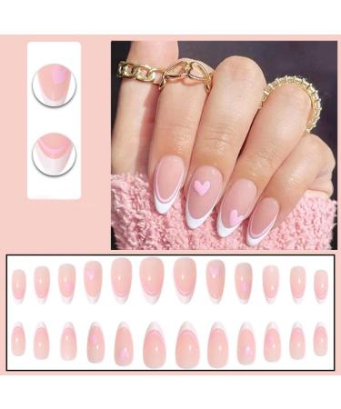 24Pcs French False Nails White Tip - Medium Length Almond Pink Press on Nails with Ballet Heart Design - Buy Online on SooperMarket.com