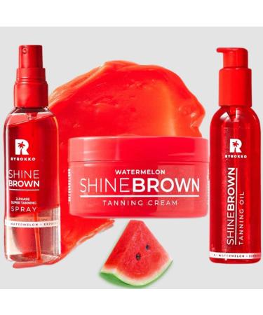 BYROKKO Original Shine Brown Watermelon Tanning SET 3IN1 | Super-Fast Tanning Cream (200ml) + Premium Oil for Express Tan (145ml) + Two-Phase Spray for Express Tan (104ml) for Sunbed & Outdoor Sun