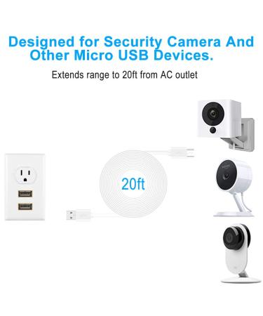 20FT USB Power Extension Cable for WyzeCam, YI Camera, NestCam, Netvue, KasaCam, Furbo, Blink - Micro USB Charging Cord - Buy Online on SooperMarket.com