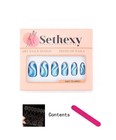 Sethexy Glitter Almond False Nails - 24 Pcs Swirl Press-On Nails for Women & Girls | Blue Hawaii Acrylic Stick-On Nails - Buy Online on SooperMarket.com