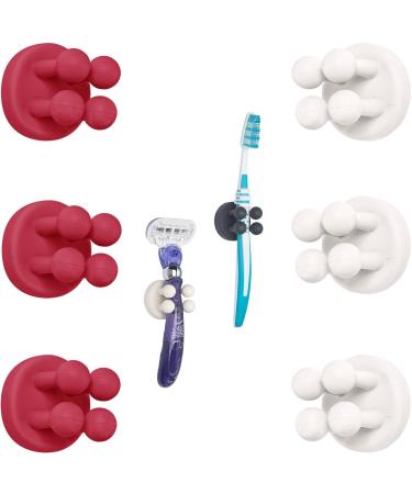 Tecbull Funny Hooks toothbrush holder razor holder shower razor bracket without drilling toothbrush holder Self -adhesive clamping holder for toothbrushes (6xrot/white + 6x replacement adhesive pad) TB -exclusive - 3x raspberry red + 3x white