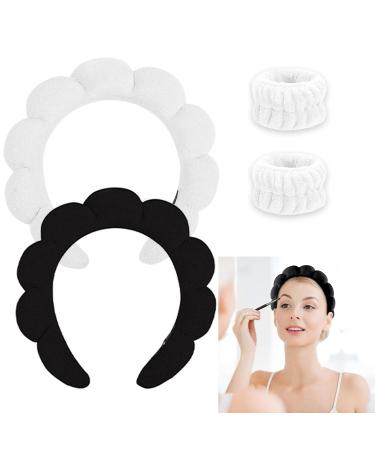 Spa Headband for Washing Face Makeup Headband Bubble Skincare Headbands with Face Wash Wristbands Terry Cloth Headband Soft Puffy Headband for Women Gifts Black+White